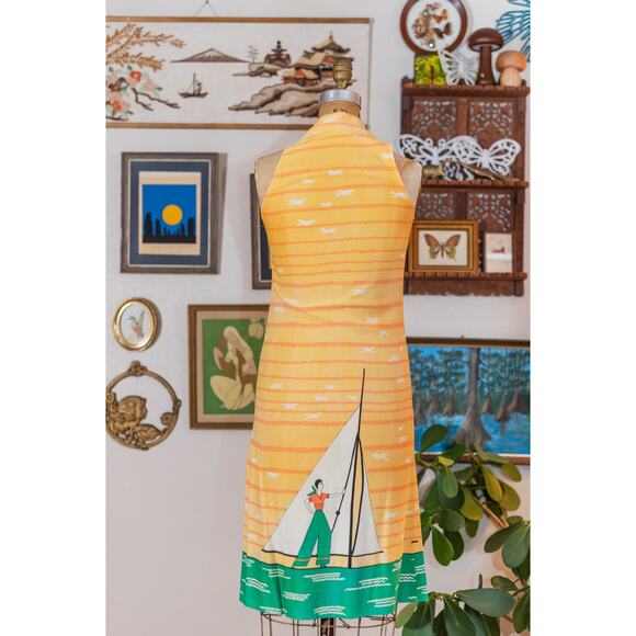 Vintage 60s Sailor Novelty Dress, Yellow Striped Sundress Sailboat Seagulls XS - Picture 14 of 15